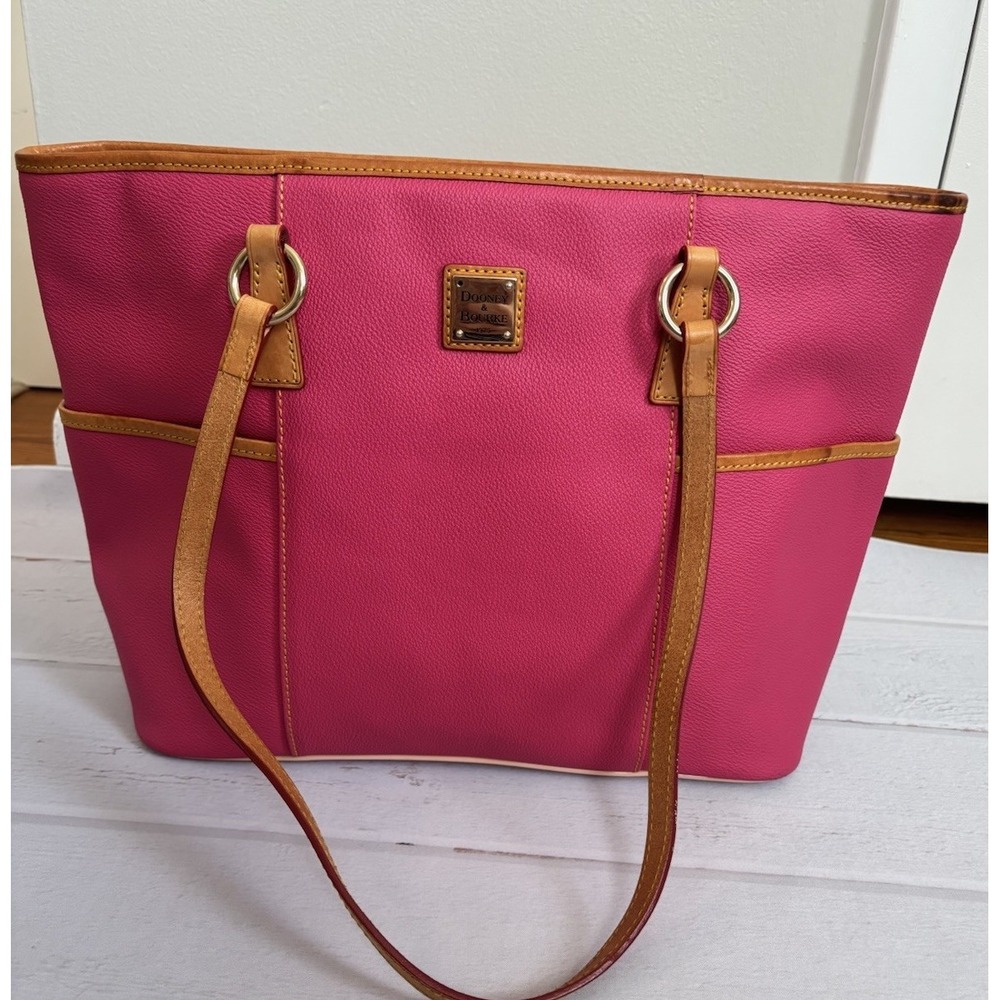 Dooney‎ & Bourke Helena Hot Pink Pebbled Leather Zip Top Shopper Tote Bag EN851